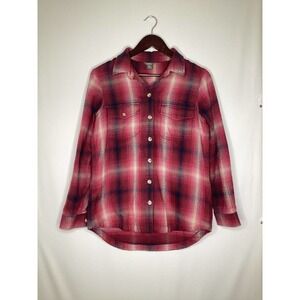 Eddie Bauer Plaid Flannel Shirt Womens Small Red Blue Elbow Patches Casual